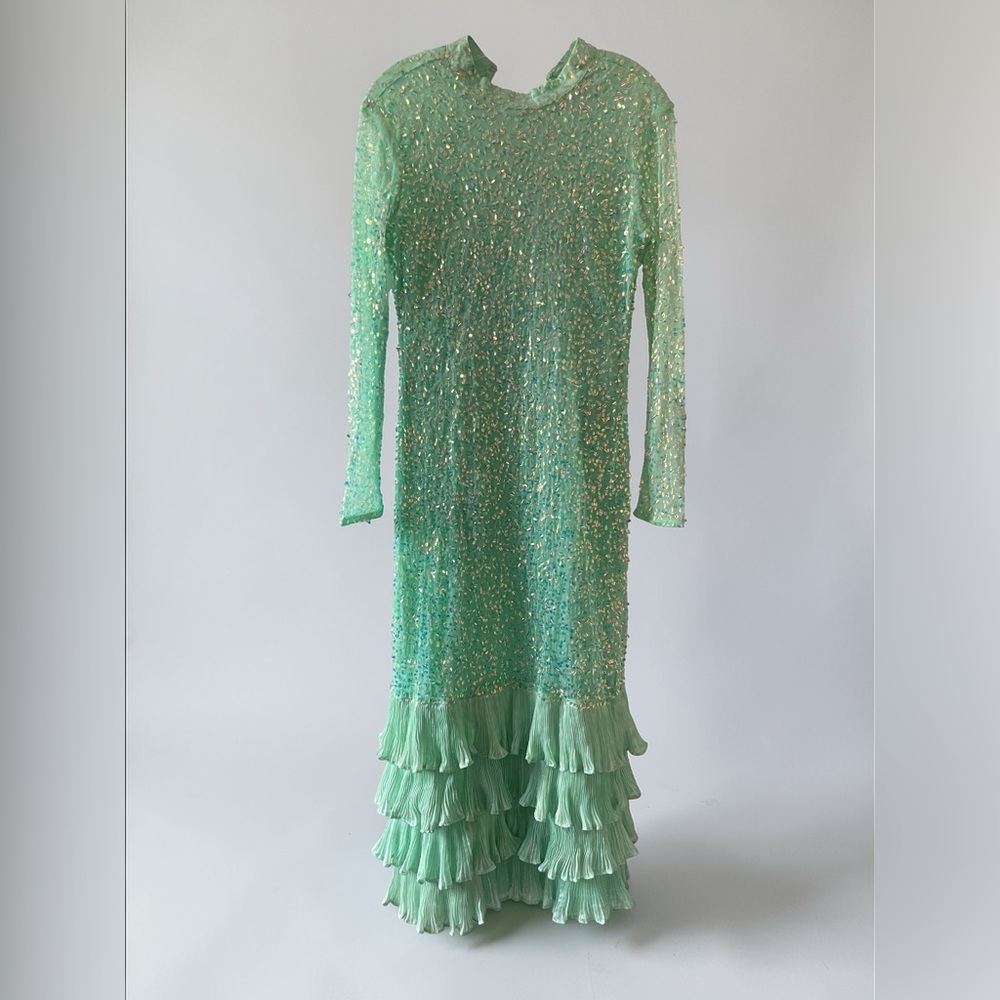 Anthropologie Bhanuni by Jyoti Sequin Ruffle Maxi Dress Mint Green Tiered Size M